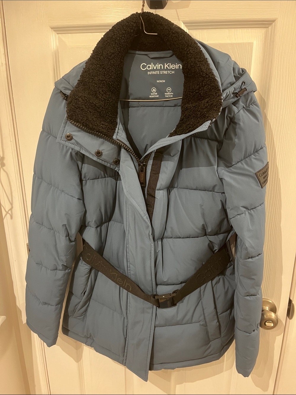 Calvin Klein Dusty Blue Quilted Puffer Jacket with Black Sherpa Collar